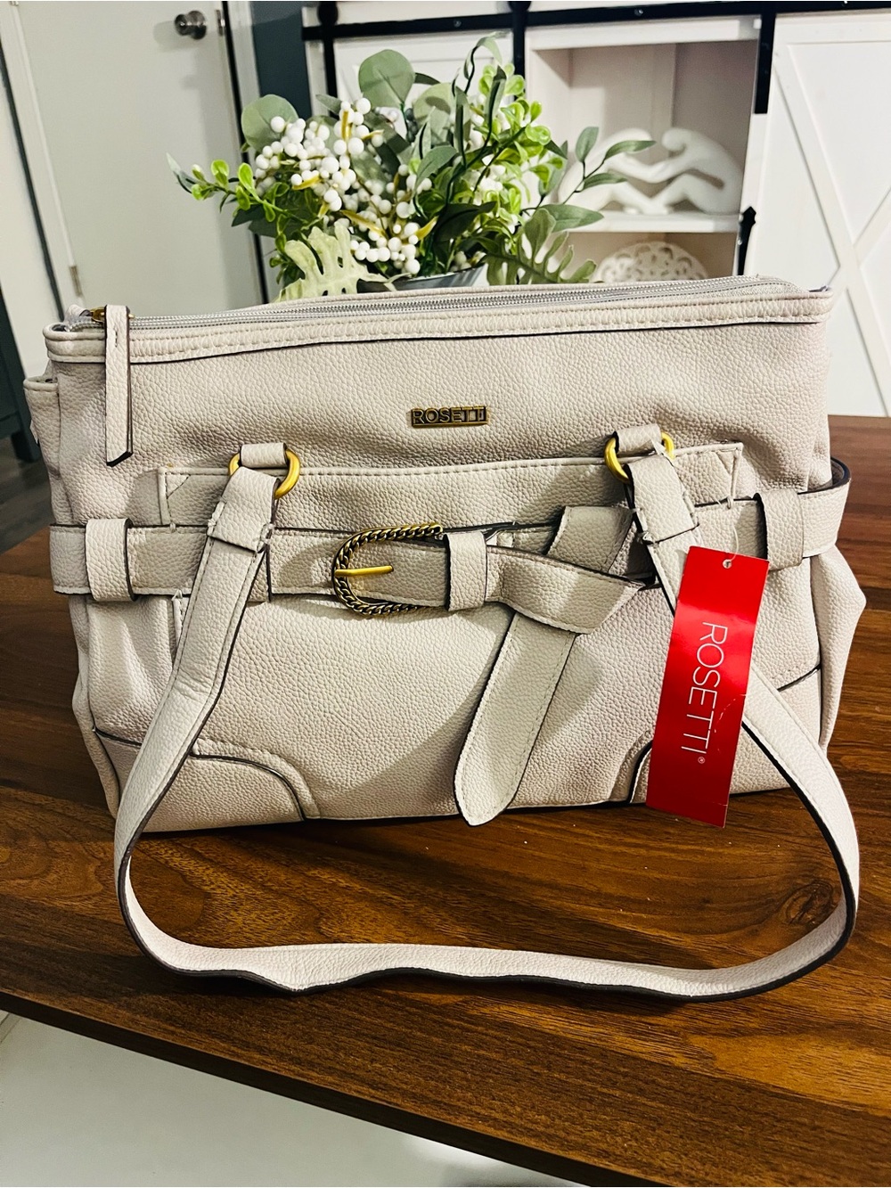Rosetti Cream Pebbled Shoulder Bag with Buckle Accent